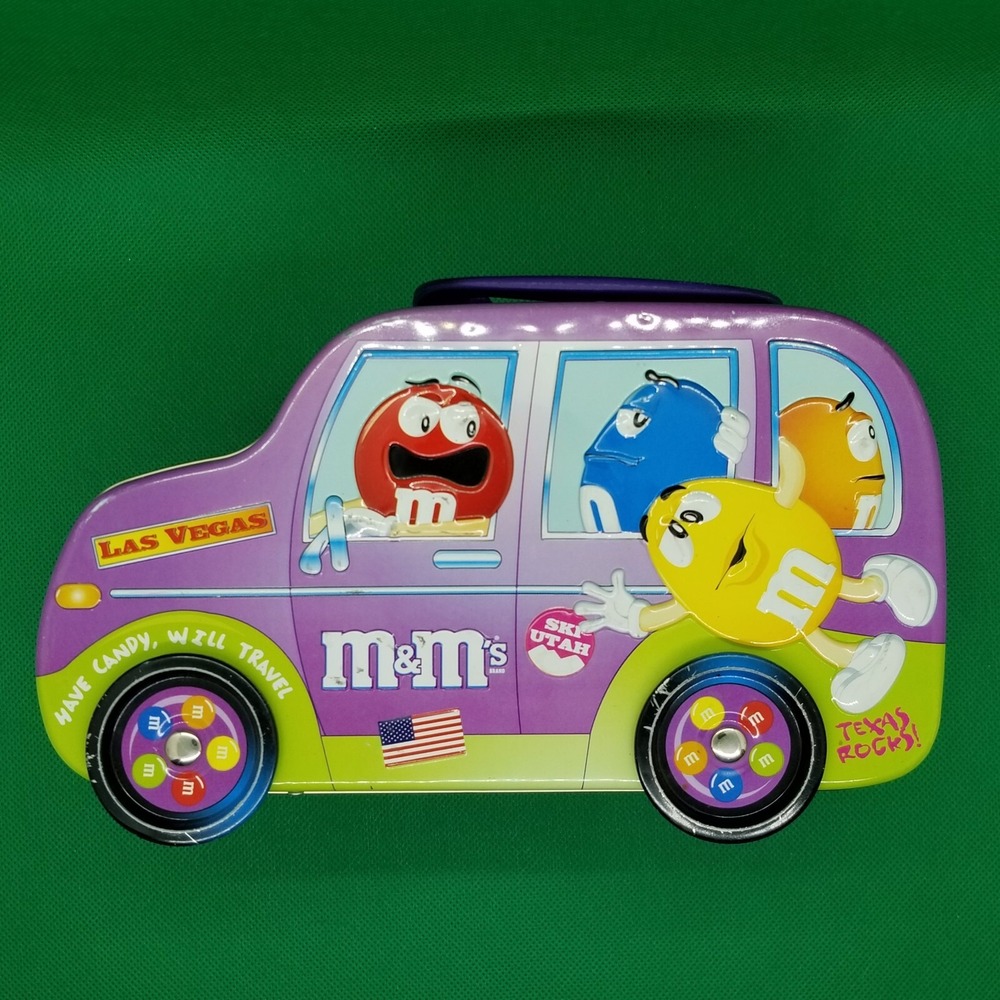 2002 Vintage M&M Tin Lunch Box Van Car Moveable Wheels Road Trip Lunch Box